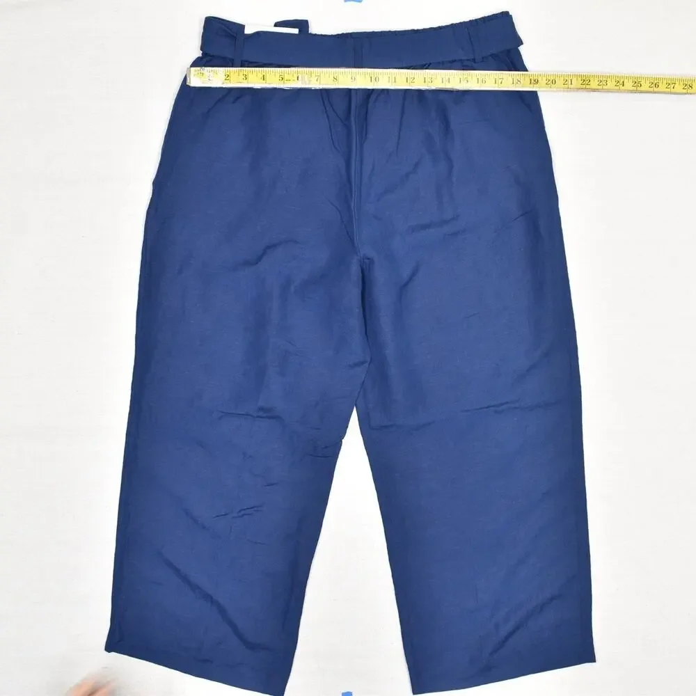 NEW Ann Taylor Women's Straight Pants Crop Belted Linen Blue Size XL High Rise